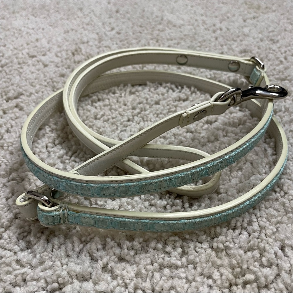 VINTAGE Y2k Auth COACH White LEATHER Blue JACQUARD Pet DESIGNER Small Dog LEASH